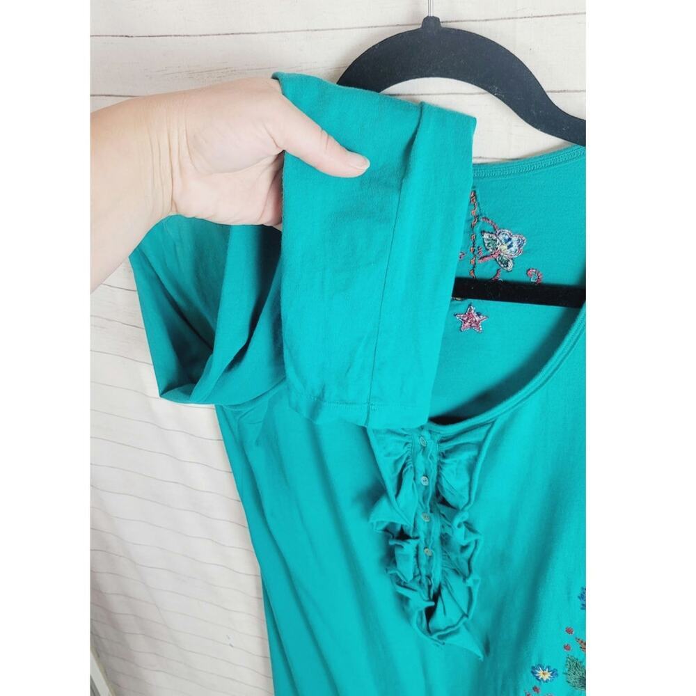 Johnny Was LA Embroidered Ruffle Button Front Teal Long Sleeve Blouse, sz Med - Picture 5 of 15